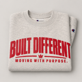 Built Different heather-gray crewneck sweatshirt with red graphic