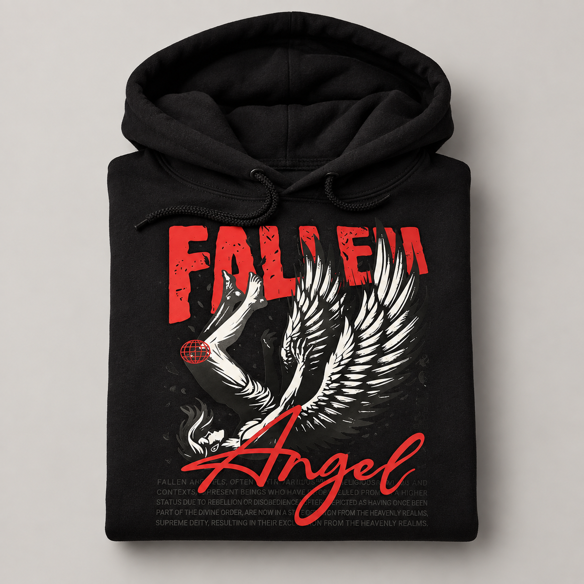 Fallen Angel black hoodie with red and white graphic